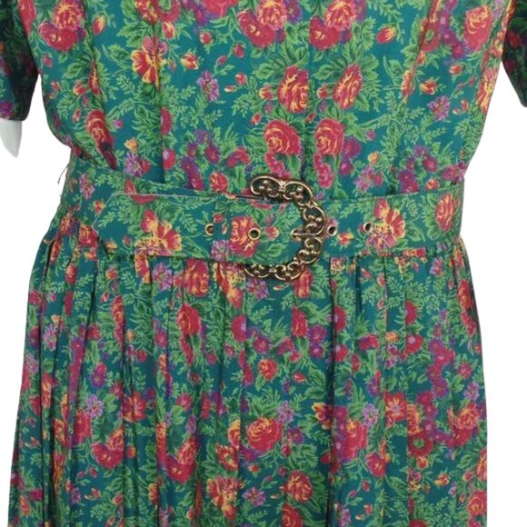 LESLIE FAY Dress, 10, Green Floral, Belt, Short Sleeves, Career, Poly, VINTAGE - Picture 7 of 16